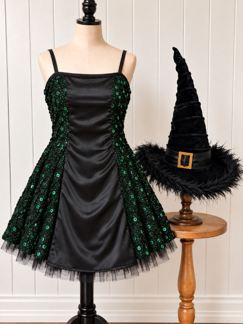 VINTAGE CURTAIN CALL BLACK & EMERALD SEQUIN WITCH COSTUME + HAT ADULT LARGE